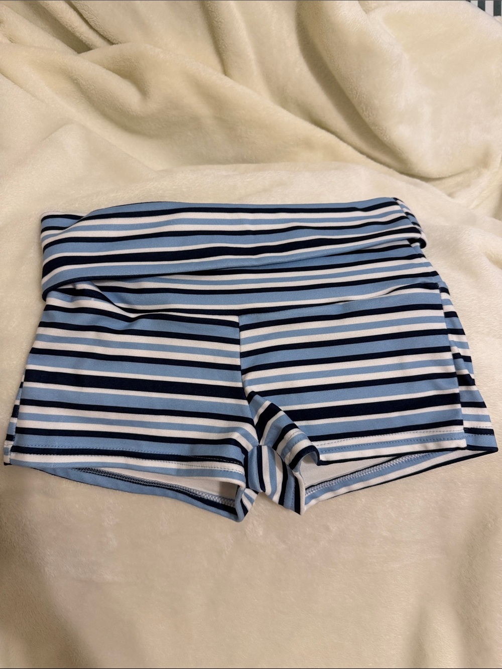 Striped Fold-Over Waist Bike Shorts - Light Blue/Navy/White